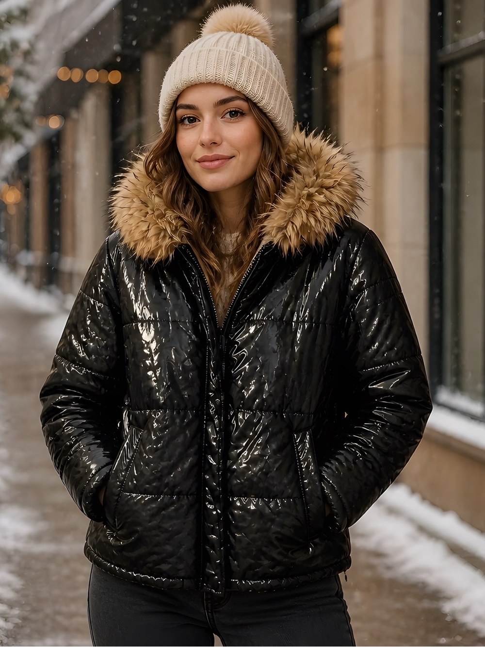 SHEIN Glossy Black Puffer Jacket with Tan Faux Fur Hood Trim - Size L